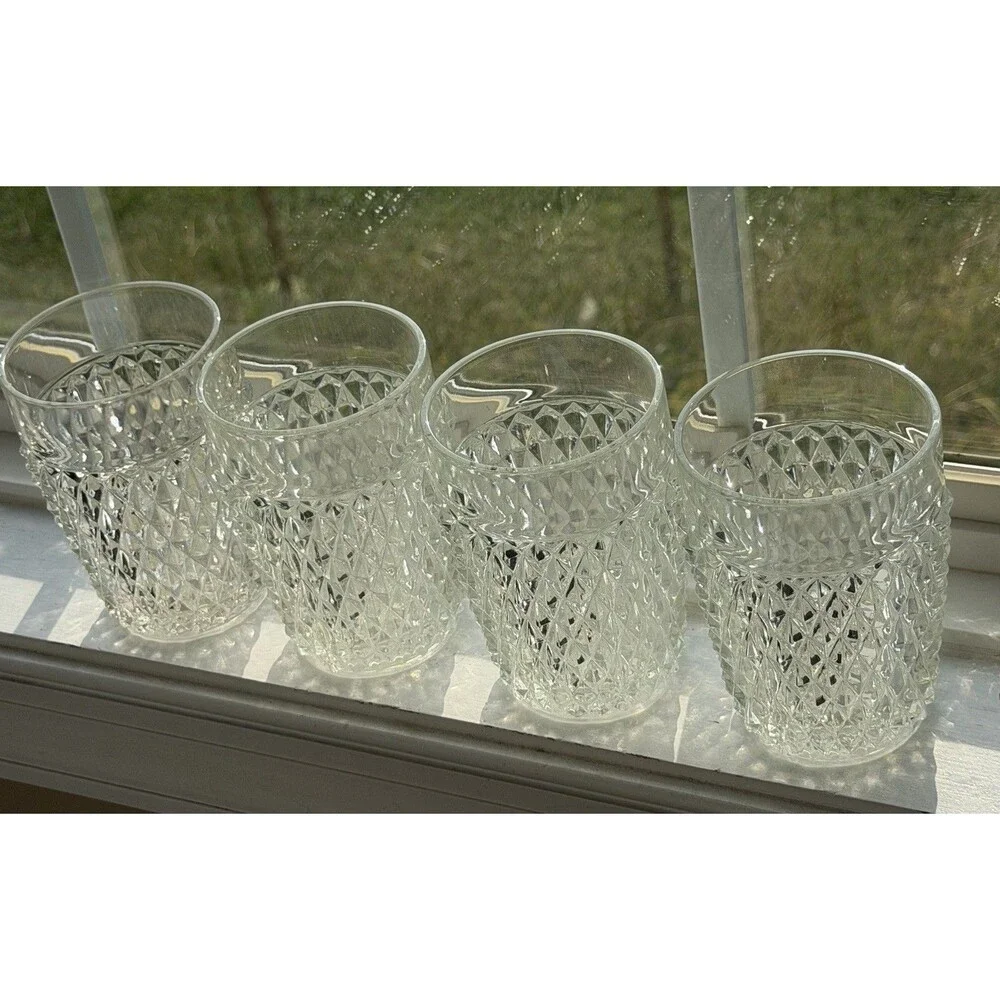 VTG Indiana Glass Diamond Point Clear Flat Tumblers 4 5/8” Set of 4 10 Oz Juice